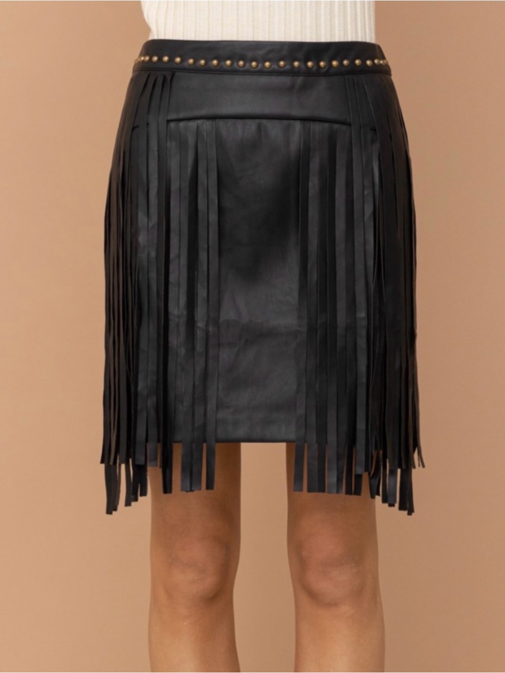 Black Faux Leather Fringe Mini Skirt with Studded Waist